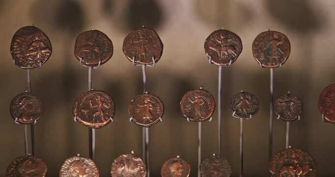 Set Of Ancient Coins of North Indian and Central Asian Kushan Empire -approximately 30 375 CE-, main coins issued were gold. Gold coins of king Havishka and king Vasudeva I