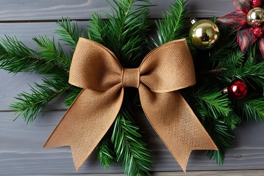 Bronze Burlap Ribbon and Bow with Dark Green Accents on Vinery Background for Holiday Decorations
