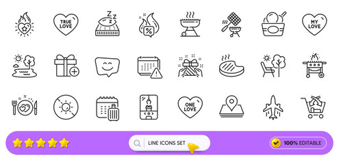 One love, Grilled steak and Gas grill line icons for web app. Pack of Smile face, No sun, Mattress pictogram icons. Notification, Grill, Gift signs. Baggage calendar, Cross sell. Search bar. Vector