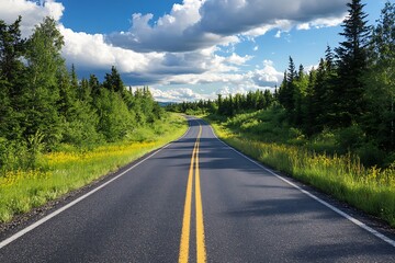 Empty road winding through lush green forest and meadow with blue sky and clouds
