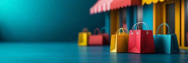 Colorful shopping bags in front of a vibrant storefront with a teal background. This image represents retail shopping, festive promotions, and holiday sales, ideal for Black Friday and Cyber Monday 