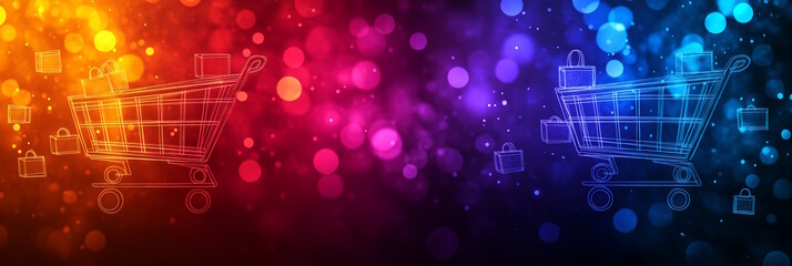 Fototapeta premium Neon shopping carts and bags outlined on a vibrant, bokeh background. Perfect for highlighting ecommerce, online shopping, and sales events such as Black Friday or Cyber Monday