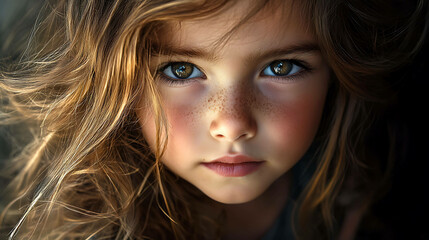 Naklejka premium Close-up portrait of a little girl with brown hair and freckles looking intensely at the camera.