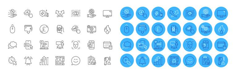 People chatting, Intersection arrows and Inspect line icons pack. Account, Analysis graph, Chat message web icon. Flammable fuel, Wallet, Face detection pictogram. Swipe up. Color icon buttons. Vector