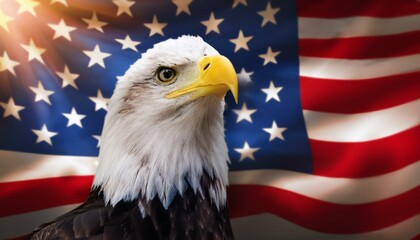 eagle standing in front of american flag 