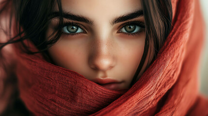 Fototapeta premium Close up portrait of a woman's face, looking intensely at the camera. She's wearing a red scarf that partially covers her face.