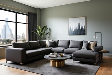Modern Chic Lounge Featuring Charcoal Grey Sectional Sofa and Expansive Windows