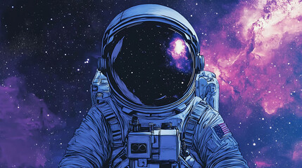 A digital illustration of an astronaut in a spacesuit with a galaxy in the background.