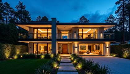 Fototapeta premium Striking contemporary house illuminated at night, showcasing sleek lines and lush landscaping.