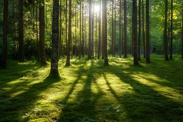 Obraz premium Sunbeams shining through trees in a green forest with mossy ground