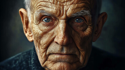 A close-up portrait of an elderly man with a weathered face and piercing blue eyes. - Powered by Adobe