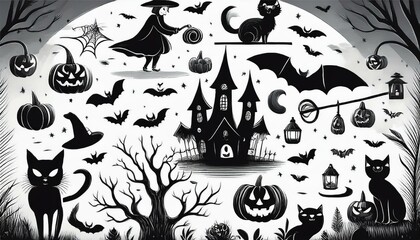 The image is a black and white illustration that features a witch flying on a broomstick, a pumpkin, a bat, a cat, a moon, a bat, a bat, a bat, a cat, a moon, a bat, a bat, a witch, a bat, a cat, a pu