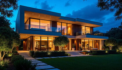 Obraz premium Striking contemporary house illuminated at night, showcasing sleek lines and lush landscaping.
