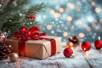 Christmas Gift Box with Red Ribbon and Festive Decorations