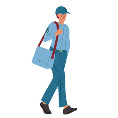 A courier in a blue uniform walking with a messenger bag on a bright day