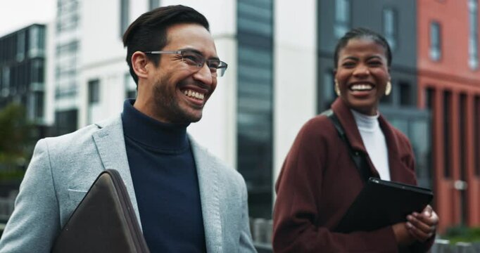 Outdoor, employees and people on conversation with smile for teamwork and collaboration in New York. Partnership, business and happy as property developer for city development or infrastructure