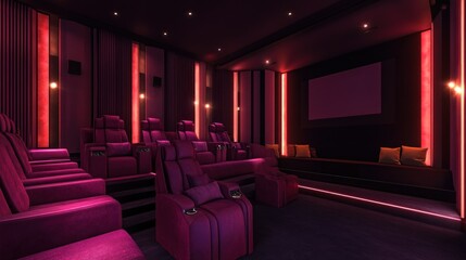 Luxurious Home Theater with Reclining Seats and Red Lighting