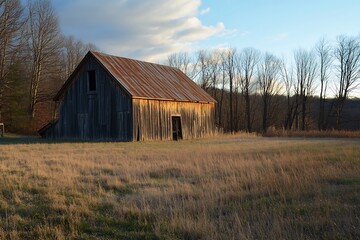 Obraz premium Rustic Old Barn in a Field with Golden Light and Trees