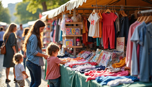 Flea market stall with gently used children&rsquo;s clothing, promoting sustainable shopping.