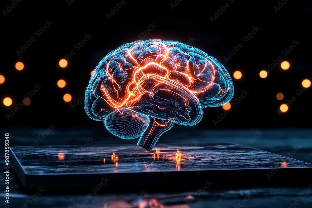 Poster Abstract brain with flowing energy, represented by glowing lines and vibrant colors in a dynamic, artistic style