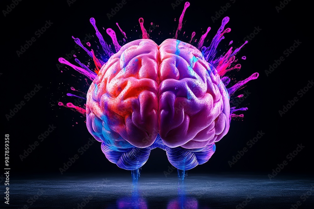 Poster Abstract brain with splashes of color, symbolizing creativity, emotion, and thought processes in a vibrant, energetic design