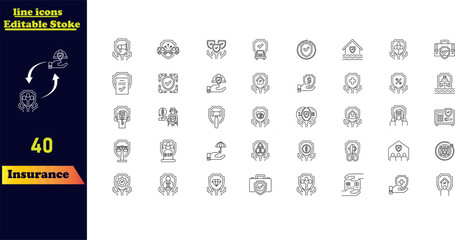 Insurance and assurance icon set, featuring icons for healthcare, medical, life, car, home, and travel insurance. Editable stroke vector icon collection.