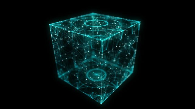 Abstract blue cube on black background. Wireframe square structure with glowing particles and lines. Futuristic digital illustration. 3D rendering.
