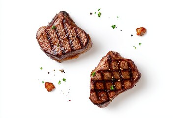 Beef steaks airborne against a white backdrop
