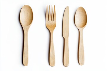 Biodegradable wooden utensils fork spoon knife on white background High resolution