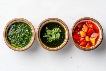 Bird s eye perspective of bowls containing traditional Georgian sauces green plum tkemali tomato and cilantro satsebeli and kiwi satsebeli on a white background