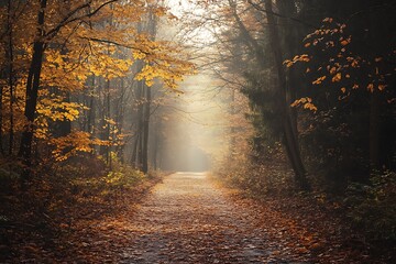 Obraz premium Mystical autumn forest path with fog and golden leaves