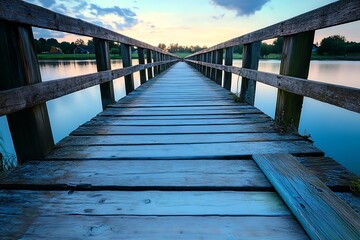 Obraz premium Wooden bridge over calm lake with sunset in the background, concept of journey, path, transition