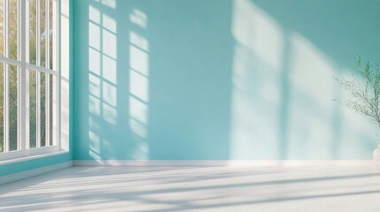 Obraz premium Bright and airy blue room with sunlight streaming through windows and lush green plants