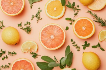 Bird s eye perspective of citrus fruits including orange grapefruit and lemon with herbs on a peach backdrop
