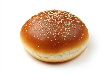 Bird s eye view of a sesame seeded hamburger bun on a white backdrop showcasing its fresh golden brown hue
