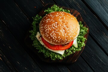 Bird s eye view of a tasty burger with vegetables and mozzarella on a dark wooden surface