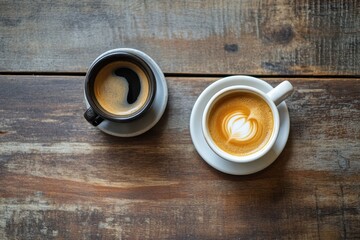 Bird s eye view of two coffee mugs Americano and espresso on a wooden table