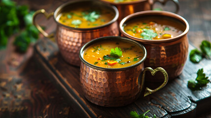 Antique copper mugs filled with mulligatawny soup. Colonial Indian restaurant backdrop. with space for text 