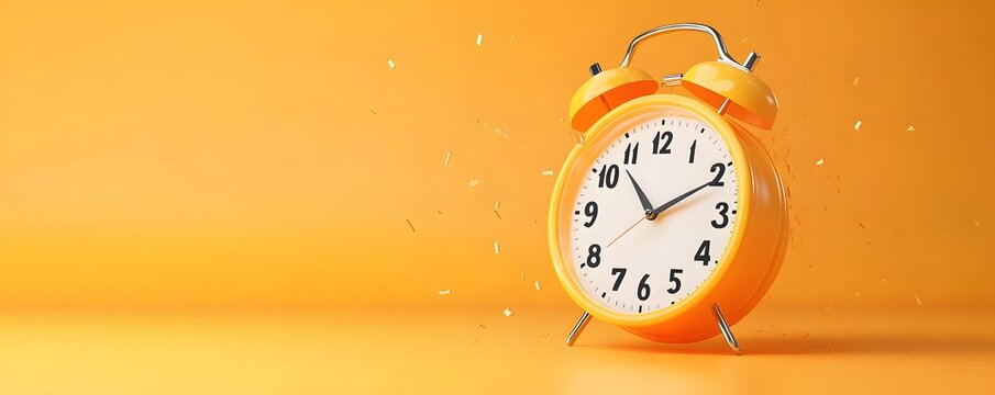 Bright orange alarm clock on a vibrant background, symbolizing time management and punctuality. Perfect for motivational themes.