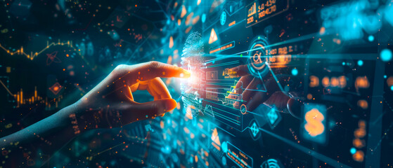 Artificial intelligence managing financial graphs and data, juxtaposed with human hands reaching for ethereal digital representations of currency