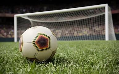 A soccer ball on a green field in front of a goal, with a blurred crowd in the background.