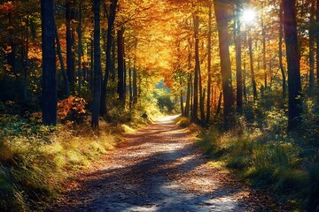 Fototapeta premium Sun shining through trees on an autumn forest path