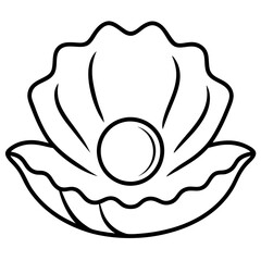 Minimalist Oyster Shell with Pearl and Wavy Lines - Vector Art