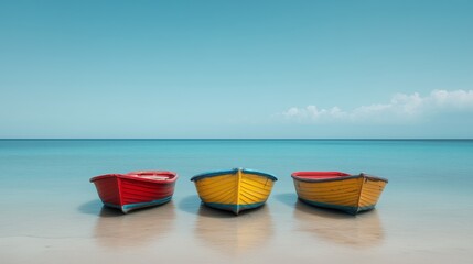 Naklejka premium Vibrant red, yellow, and blue wooden boats resting on serene sandy shore against calm blue ocean and bright sky