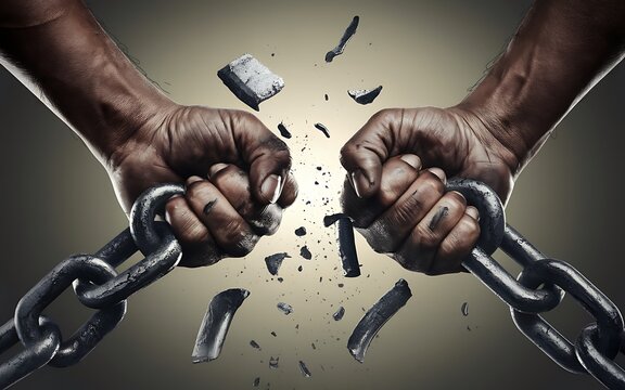 Two strong hands are breaking a metal chain, symbolizing freedom and overcoming obstacles.