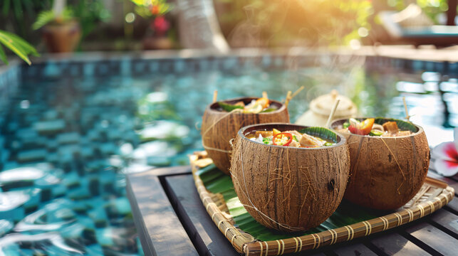 Bamboo boats with Thai coconut soup. Tropical resort poolside scene. 