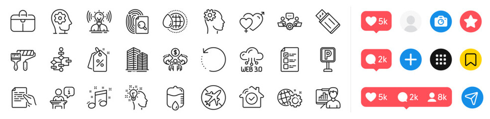 Parking, Teamwork and Voting ballot line icons pack. Social media icons. Web3, Seo gear, Discount tags web icon. Hold document, Usb flash, World water pictogram. Vector