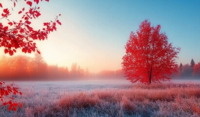 A solitary red tree stands amidst a misty field at sunrise in early autumn
