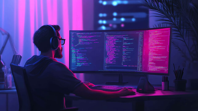 A programmer sits at a computer in a dimly lit room, looking at code on a large monitor.