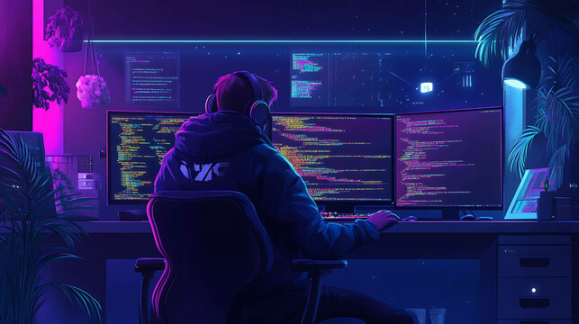 A programmer sits at a desk in a dark room, illuminated by neon lights, looking at a screen full of code.